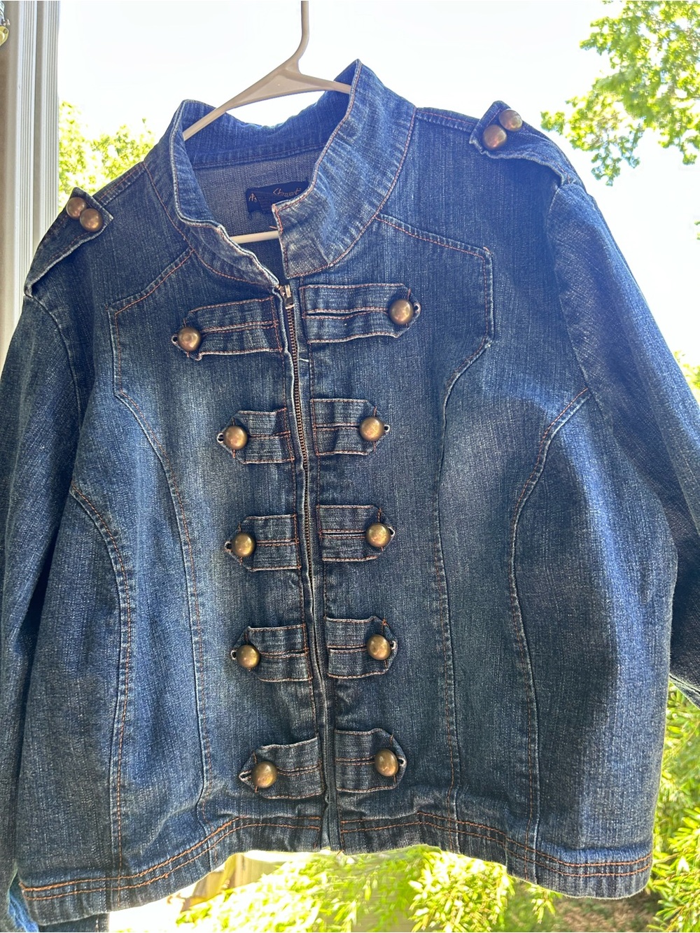 Ashley Stewart Denim Napoleon Military Band Jacket Brass Buttons